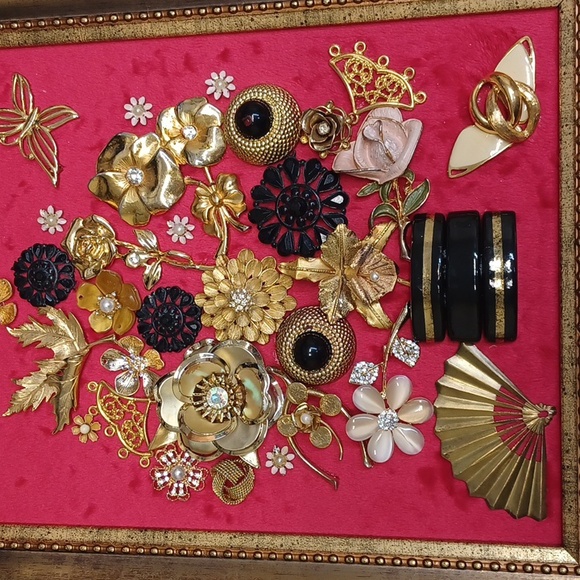 Framed Floral and Butterfly Upcycled Jewelry on a Red Velvet Background - Picture 4 of 6